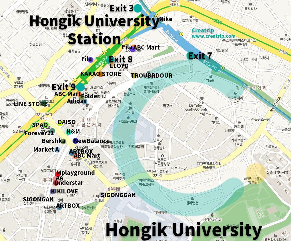 Detailed map of Hongdae showcasing major shopping areas and art attractions loved by tourists and locals alike.